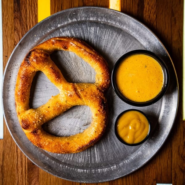 Oddfellows' golden-brown pretzel with salt, served on a metal plate with two dipping sauces.