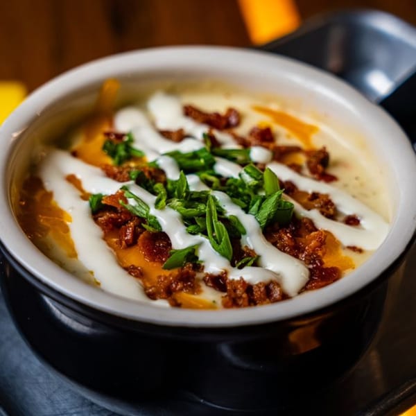 Oddfellows' loaded potato soup, topped with bacon bits, sour cream, and green onions.